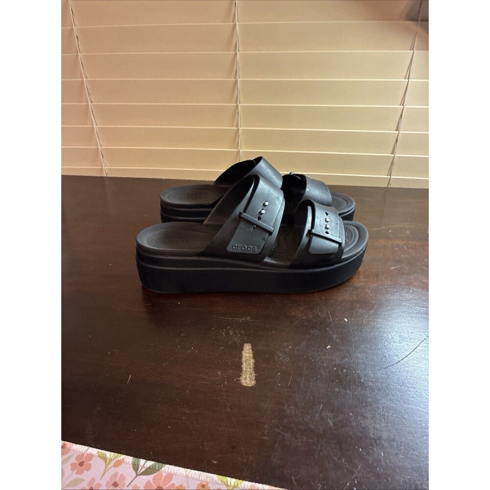 Crocs Brooklyn Buckle Platform Sandals Women's 11 Black Slip On Low Wedge 207431